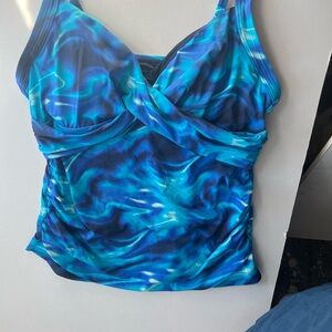 Blue & Teal Swirl Tankini Top Adjustable Straps Built in Bra XL